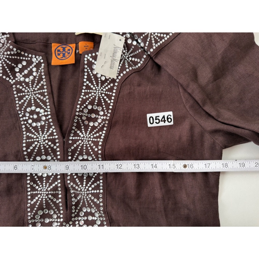 Vintage Tory Burch Brown Linen Crystal Bling Embellished Tunic Top Fall SZ 6 NWT - Picture 8 of 9